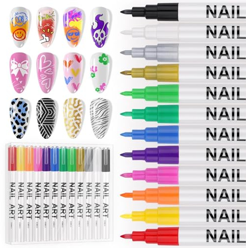EBANKU 12 Färgad 3D Nagelkonstpenna Set, 0.7 mm Nagellackspennor Graffiti Och Målarpenna Teckning Målningspenna Linerpenna för Hemmasalong Snabbt Ngelkonst