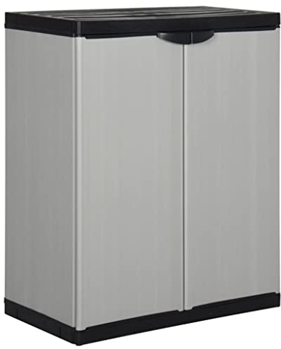 QJBSAVVA Gartenschrank Grau und Schwarz 68x40x85 cm aus PVC und PP Robust und Langlebig mit 2 Türen und 1 Ablage Abschließbar für Garten Terrasse und Balkon