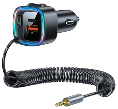 Bluetooth Adapter Aux Auto, Aux Bluetooth 5.4 Adapter Auto, USB C Zigarettenanzünder mit Spiralkabel Klinke 3.5mm, Schnelles Auto Ladegerät Zigarettenanzünder mit PD 30W & QC 12W