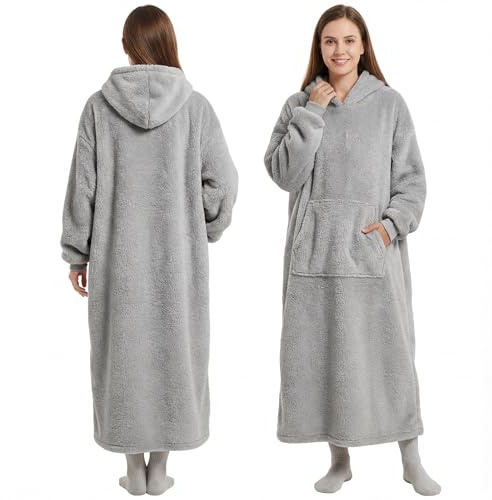 Manta con capucha con mangas y manta, manta suave y cálida, portátil para vestirse para adultos, cuerpo completo, suéter de TV como regalo para mujeres, madres, 129 x 85 cm, gris