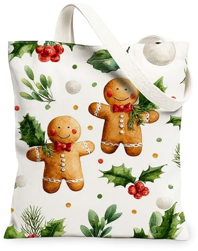 Sacs fourre-tout en toile de pain d'épices, joli motif de vacances, sacs d'épicerie réutilisables, design festif, légers et lavables avec bandoulière pour voyage, 33 x 38 cm