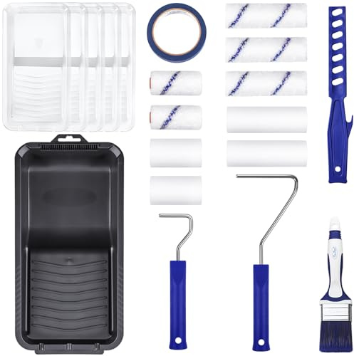 PinStone 20pcs Small Paint Roller Set, 4“ 2” Mini Roller Paint Brush | Special Caved-in Edge Foam, Non-shedding Microfiber Rollers, Versatile Paint Tray, Even Painting Walls, Cabinet, Touch ups
