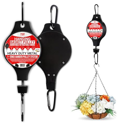 TB1 Products Hanging Basket Pulley Pack of 4 – Black Adjustable Retractable Plant Hanger Hook for Hanging Baskets, Bird Feeders & Planters – Heavy-Duty 1–20kg Garden Pulley System