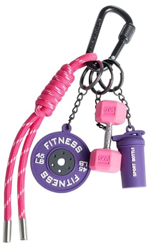VOYANTE Gym Keyring, Cartoon Dumbbell Keychain, Key Chain with Pink Barbell & Purple Kettlebells Pendant, Fitness Accessories for Bag & Wallet, Gym Gifts for Men Women Sports Lovers & Trainer