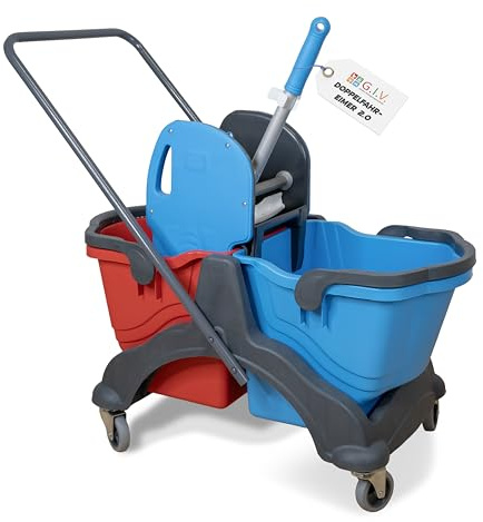 G.I.V. - Reinigungstechnik Putzwagen mit Wischmopp Presse & Ablagekorb - Doppelfahreimer mit 2X 18L Eimern rot/blau für Gebäudereinigung - Putzeimer - Reinigungswagen für Industrie Gewerbe & Haushalt