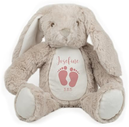 Striefchen® Kuscheltier Hase personalisierbar mit Name & Geburtsdatum – Stofftier als Baby Geschenk (Rosa)