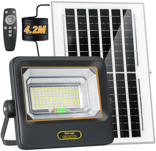 BOSITE Solar LED Strahler mit Fernbedienung 200W, Solar Flutlichter 10000 mAh, Solarlampen für Außen 6500K Kaltweiß, 4.2M Kabel, IP67 Wasserdicht solar Außenstrahler fur Hof Garage Türen Rasen