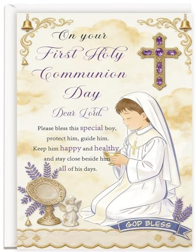 YiKaLus First Holy Communion Card for Boys, 1st Communion Gifts for Son from Parents, Keepsake Blessing Card to Godson, Grandson, Nephew