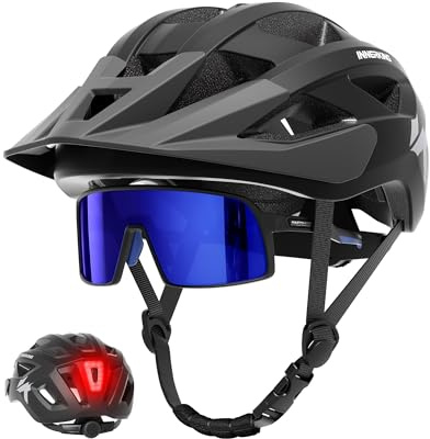 InnerKing Bike Helmet and Glasses Set for Adults, Lightweight Mountain Bicycle Helmet with USB Rechargeable Rear Light, Commuting Road Bike Helmet with Visor for Men Women