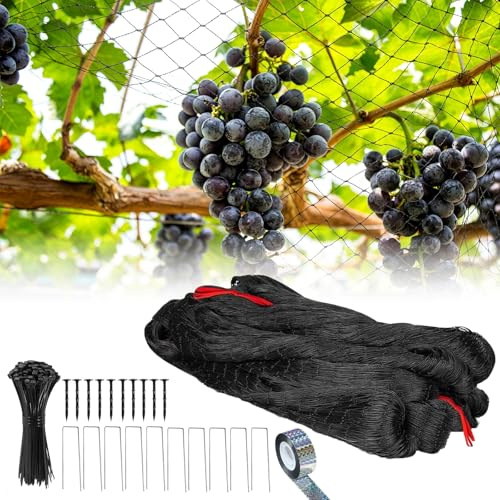 Vogelschutznetz 15x15 m Feinmaschig 2,5x2,5 cm, Vogelnetz aus Nylon | mit Vogelabwehrband, Kabelbinder und Erdanker, Taubennetz für Garten, Obstbäume, Gemüse, Teich und Balkon