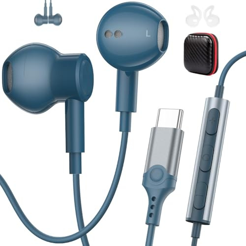 AIAUXAI In Ear Cuffie USB C per Samsung S26 S25 S24 S23 A56 A16 A17 Blu | Microfono e Controllo Volume, Design Magnetico, Auricolari con Filo per iPhone 17 16 15, Cuffiette per Google 10 9 per Xiaomi