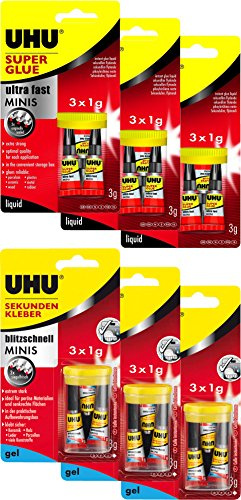 UHU 45415 + 45370 Sekundenkleber Blitzschnell Minis Kombi-Set (3 Packungen flüssig + 3 Packungen Gel)