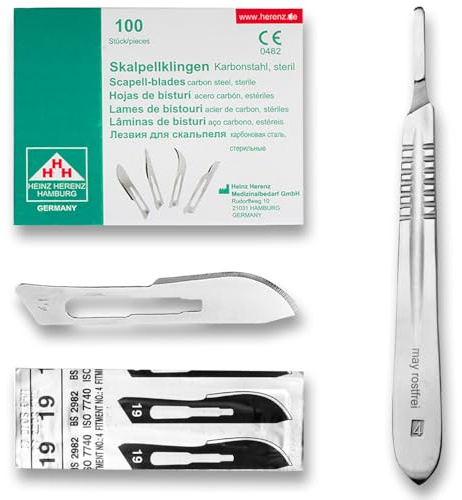 Set avec 100 x lames de scalpel N° 19 - Lame stérile en acier au carbone et 1 x May - manche de scalpel Figure N° 4 en acier inoxydable