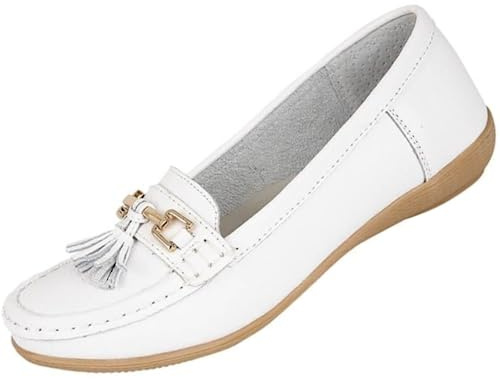 Jo & Joe Nautical Ladies Leather Loafer Shoes, Tassel Flat, Women's Size 7.5-8, Flexible Rubber Grip Sole, Round Toe, Pull-On, 1 inches Heel, Cold Lining, Solid, Low Top, Comfort Wear, Party