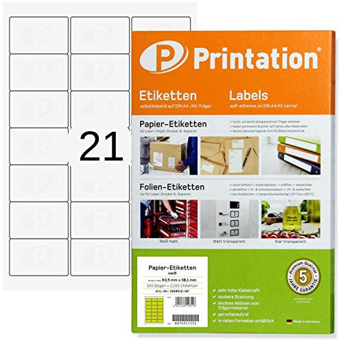 Printation 63,5 x 38,1 mm Universal Adress-Etiketten selbstklebend für C6 Briefumschläge weiß - 525 63,5x38,1 Adressaufkleber auf 25 DIN A4 Bogen 3x7 / 21 pro A4 Bogen abgerundete Ecken - 4677 7160