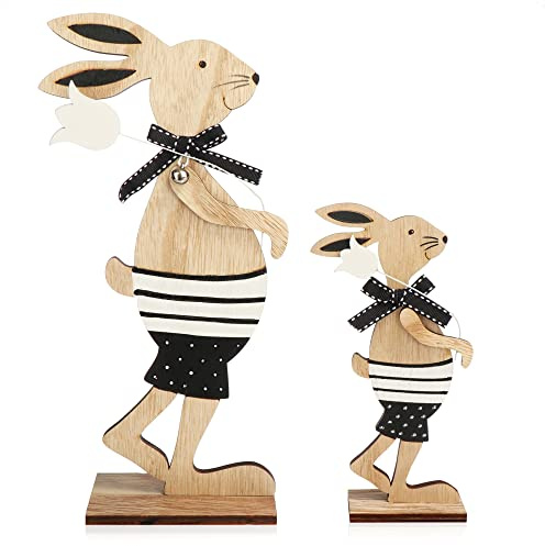 com-four® 2X Deko Aufsteller für Ostern, Großer und Kleiner Osterhase | Osterdeko zum Hinstellen - Osterdekoration aus Holz