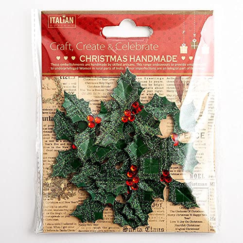 Italian Options Tartan Holly Christmas Card Craft Supplies, Small, Self-Adhesive, Handmade Embellishments for Crafting, Gift Wrap, Decorations, Card Making Supplies, Green/Red, 4.5cm, 12-Pack