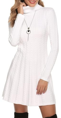 Gyabnw Vestito Casual Donna Invernale in Maglione Abito Vita Alta Elegante Collo Alto di Orlo Svasato Abito Linea A in Maglia al Ginocchio Caldo di Moda Treccia Ritorta, Bianco, M