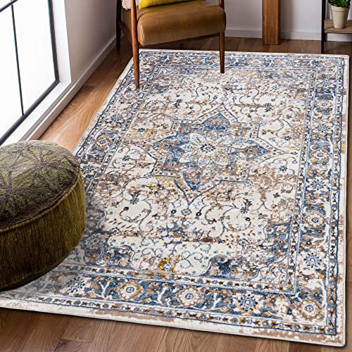 Mazovia Alfombra Oriental - Diseño Oriental de Salón Grande de Pelo Corto - Alfombras de Habitación de Matrimonio, Dormitorio y Comedor - Beige Azul 80x150 cm