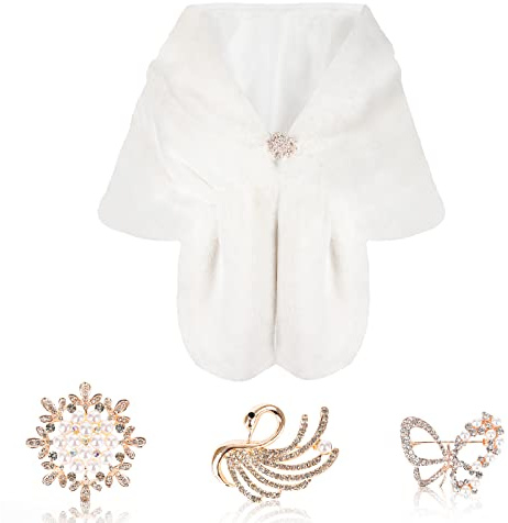 Women's Faux Fur Wrap Shawl Stole with 3 Faux Pearl Rhinestone Brooches,Bridal Long Shrug Cape Collar,Fur Warm Scarf Wrap,Ladies Fur Shawl for Wedding Party Dress Winter