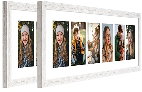KSROECUD 8x26 Collage frame with 6 Openings 4X6 Pictures, Multiple Picture Frame with Mat, Wall or Tabletop Decor, White Wood Grain,2 Pack