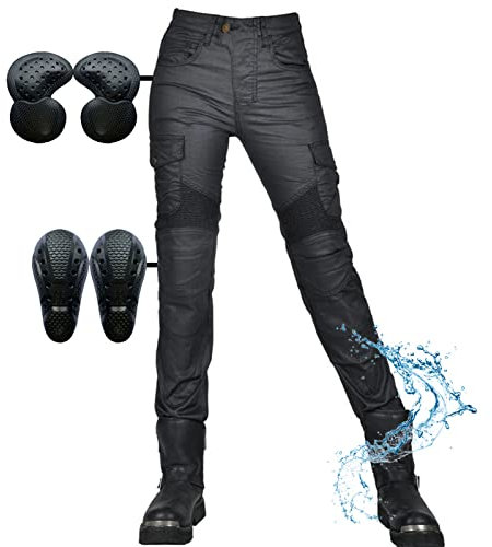 SHUOJIA Motorrad-Jeans-Schutzhose für Damen, winddicht, wasserdicht, beschichtete Motorradhose, mit 2 Paar Protect-Hüft- und Kniepolstern, abnehmbar, mehrere Taschen, Jean (Black,L)