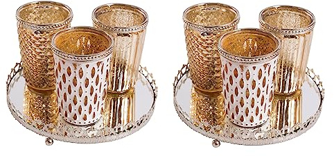 Jinfa 6er-Set Windlichter Teelichtglas mit 2 Spiegelplatten Teelichthalter Kerzenglas Kerzentablett | Antikgold