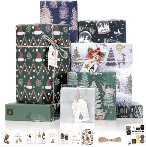 Larcenciel Papel de Regalo Navidad + Etiqueta de Regalo + Pegatina + Cuerda de Yute, 8 Hojas Papel Regalo Kraft Grueso, Papel Envolver Nieve Bosque Mate para Año Nuevo, Fiestas, Cumpleaños, 70x50 cm