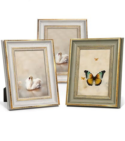 Afuly Picture Frames 7x5 Photo Frames 5x7 inches White Gold for Wall Friend Family Christmas Birthday Gift Real Class with Mounts Vintage Antique Green Frames Display Desk Tabletop Set of 3