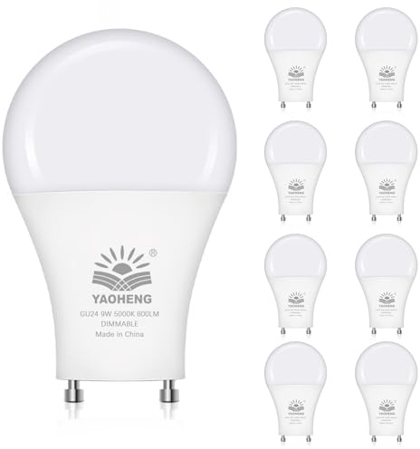 YAOHENG GU24 LED Light Bulb, A19 Shape Bulbs, 9W (60W Equivalent), 5000K Daylight, 800 Lumens, Dimmable 2 Prong Light Bulbs, GU24 Twist Lock Base, ETL Listed(8-Pack)