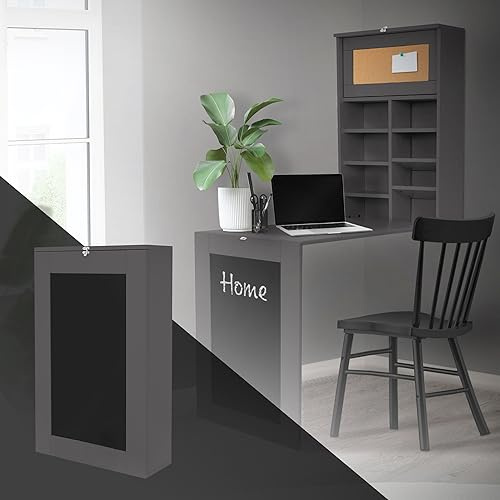 ML-Design Fällbart Väggbord, Grått, Tillverkat Av MDF, Fällbart Väggbord Med Svart Tavla, 8 Fack Och Anslagstavla, Fällbart Skrivbord, Fällbart Bord Väggmontering Fällbart Skrivbord Matbord Laptopbord