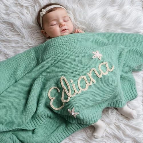 ZXH Babydecken, personalisierbar, handgefertigt, Stickerei, Namen, gestrickt, Babydecken, Neugeborene, weich, atmungsaktiv, Babydecken für Jungen, personalisiertes Geschenk, 76,2 x 101,6 cm