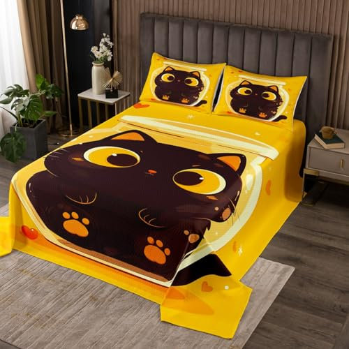 Homemissing Black Cat Coverlet Set for Girls Boys Kids Single Size Cute Cat Bedding Set Decor Yellow Honey Jar Quilted Bedspread Kawaii Animal Bed Cover 2Pcs