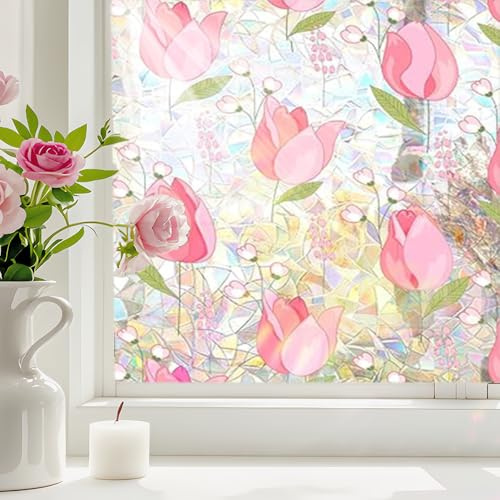 sanderala Stained Glass Window Film Double-Side Decals Glass Decals Colorful Floral Static Clings Non Adhesive Privacy Protection Rainbow Decals Sun Blocking Ant UV 17.7 x 39.3