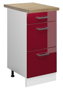 Vicco Küchenunterschrank R-Line, Rot Hochglanz, 40 cm mit Schubladen, AP Eiche