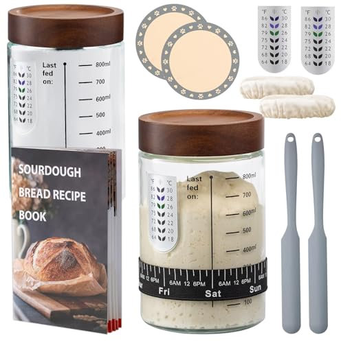 Starter kit per lievito naturale, barattolo in vetro da 963,9 g con lievito naturale e ricettario con lievito naturale. Forniture per la cottura del pane con termometro, coperchio in legno naturale,