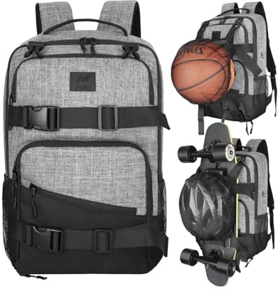WOLT Skateboard Backpack, 15.6 Inch Laptop Backpack for Men Women, Sports Backpack with Ball Holder for Longboard Basketball Soccer, Grey