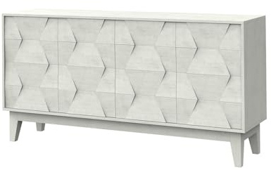 HULALA HOME Sideboard mit 4 Türen 2 Einlegeböden Wohnzimmer Sideboard Buffetschrank Küche mit Massivholz Beine für Schlafzimmer, Flur geometrisches sechseckiges Design Highboard, Weiß
