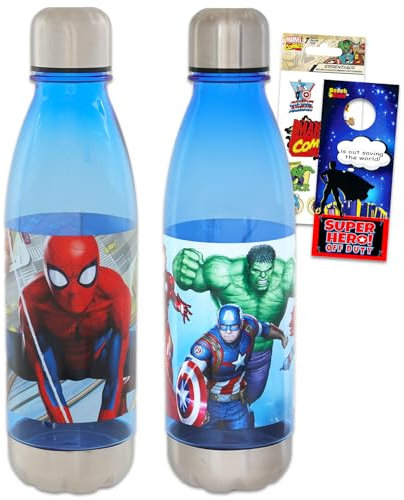 Marvel Bouteilles d'eau en acier inoxydable Avengers et Spiderman pour enfants – 670 ml – Pour la maison, l'école, le sport – Lot avec 2 bouteilles, comprend des autocollants Marvel et un crochet de