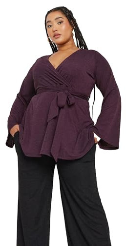 Yours Curve Textured Flare Sleeve Wrap Top - Women's - Plus Size Curve Purple