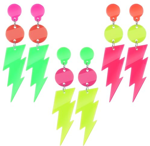 Nogeqi 3 Paar Ohrringe 90er Jahre Damen Karneval Retro Neon Ohrringe 80er, Acryl Schmuck Vintage 8x2cm Quastenohrringe für Fasching Carnival Mottoparty Kostüm Party Maskerade Frauen Mädchen