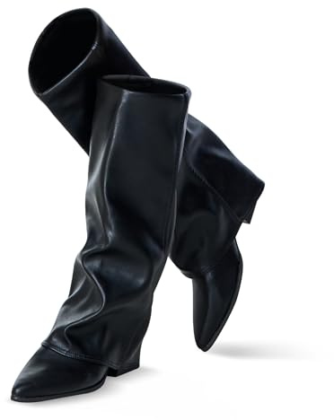 Knee High Boots Women, Fold Over Shark Boots Pointed Toe block heels Wide Calf，Minimalist Street Style Faux Leather Boots for Fall & Winter (Black, Adult, Women, 8.5, Numeric, US Footwear Size System, Medium)