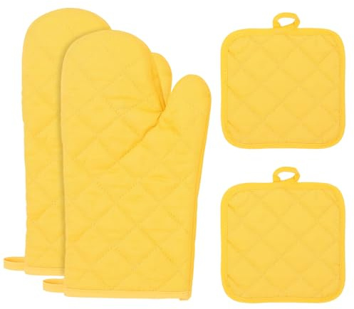 Juego de 4 Guantes para Horno, Agarraderas, Guantes De Cocina, Manoplas Horno, Resistente Calor Guantes para Microondas, para Cocinar, Asar, Hornear, Barbacoa y Microondas (Amarillo)