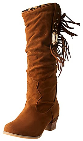 Western ankelstövlar dam ridning – höga stövlar dam med klack vintage mocka cowboystövlar vidare skaft traditionella skor lantstövlar klassiska ridstövlar med fransar halvstövlar, BRUN, 38 EU