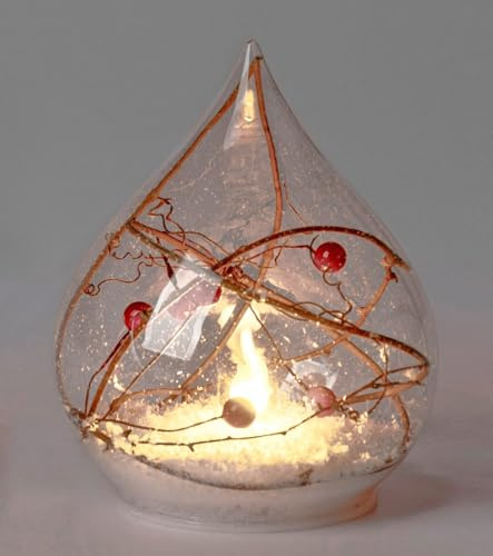 formano LED Dekokugel Weihnachten Tropfenform 15 cm Glaskugel mit Schnee Beeren & Zweigen - Deko mit Timer & LED-Flamme - batteriebetrieben - winterliche Weihnachtsdeko für Zuhause & Geschenke