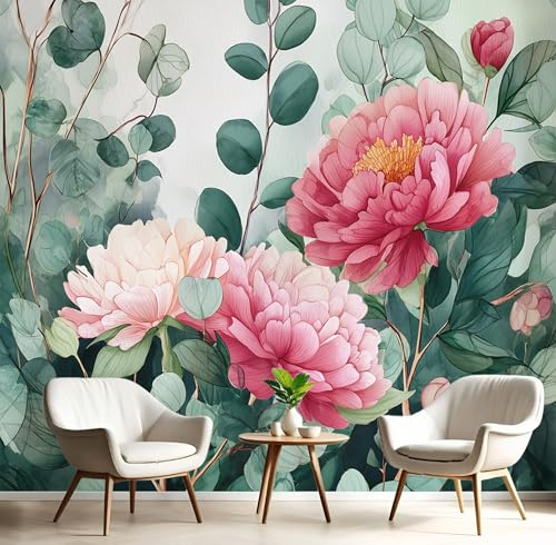 Carta Parati Murale Rosso Verde Foglie Verdi Di Peonia 400X280Cm Carta Da Parati Panoramica Acquerello Retrò Effetto 3D Poster Da Parete Per Sogg Per Soggiorno,Camera Letto,Ufficio,Tv Sfondo