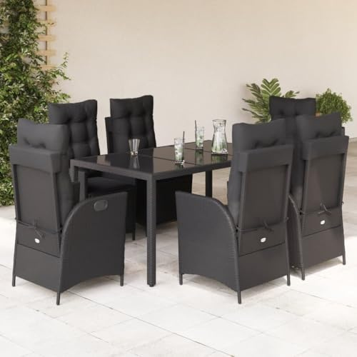 QJBSAVVA 7-TLG. Garten-Essgruppe mit verstellbarem Rattan-Sessel und 150 x 90 cm Glastisch Schwarz Modernes Lounge Set Outdoor platzsparend für kleine Balkone Terrasse und Garten