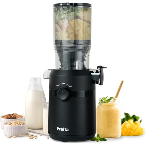 Fretta Entsafter,Slow Juicer mit 108MM Breite und Größere Fütterungsröhre,Füllvolumen für ganze Gemüse und Obst,BPA-frei Tritan-Material Entsafter,Einfacher Installation,200W