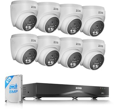 ZOSI 4K 16CH PoE CCTV Camera System for Home & Business, 8x 8MP PoE Cameras | Indoor Outdoor Security Camera, Human/Vehicle Detection, 100ft Night Vision, 32CH Expandable 4K NVR 4TB HDD, Dual-Disk Backup