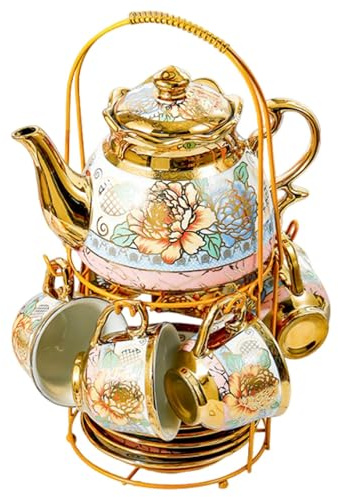 F Fityle Service à thé en céramique comprenant théière, tasse et soucoupe. Cadeau d'anniversaire élégant avec support en métal et tasse à café en céramique